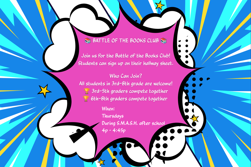 Informational flyer about meetings for Battle of the Books club.