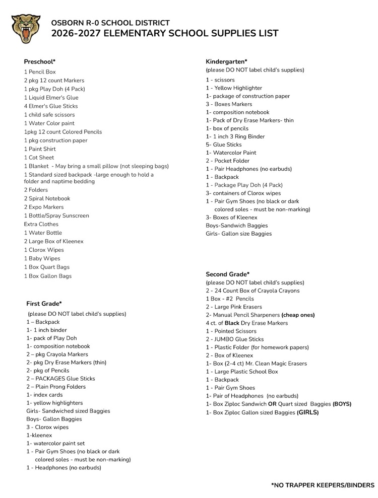 PK-2nd Supplies List