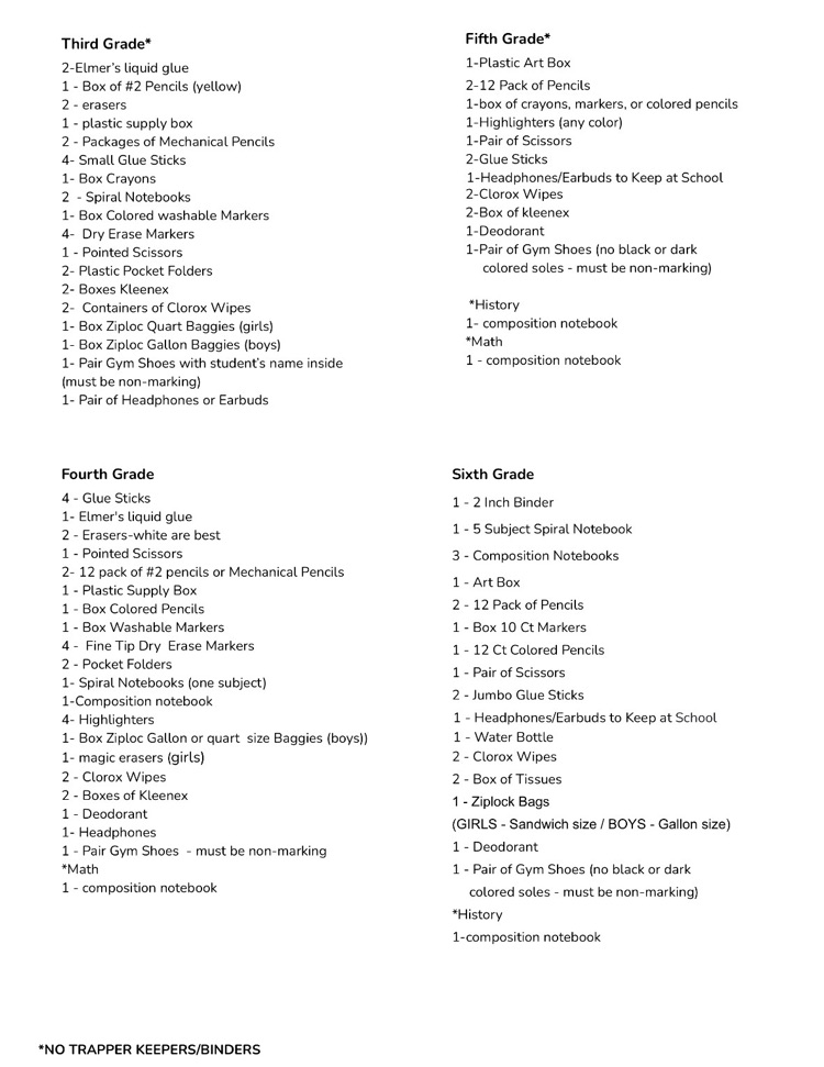 3rd-6th Supplies List