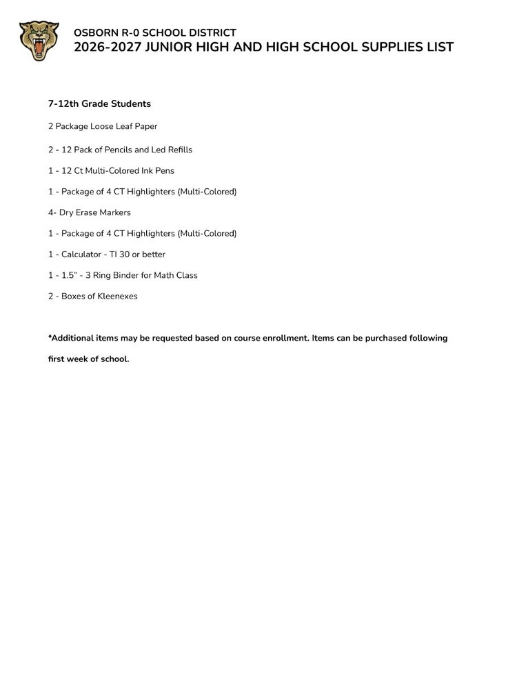 JH and HS Supplies List