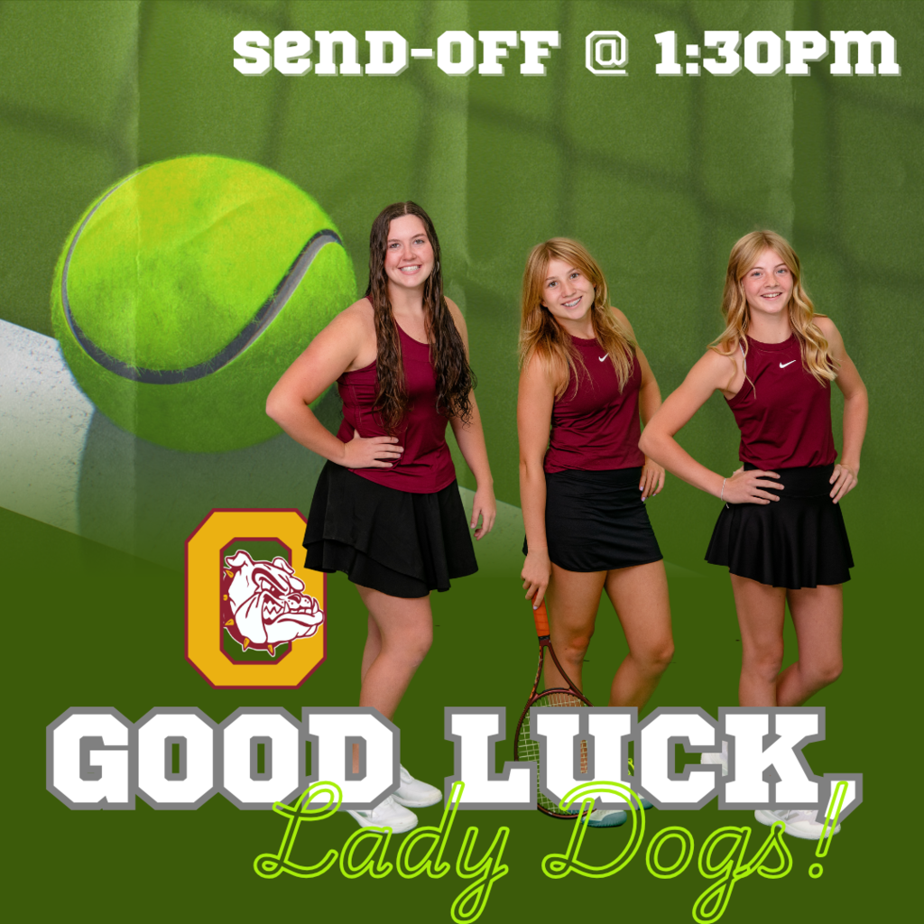 Tennis send-off at 1:30pm. There's a close-up picture of a tennis ball with a tennis court background. Three tennis players are in the picture, labeled left to right, Grace William, Claire Mick, and Gentrie Riner.