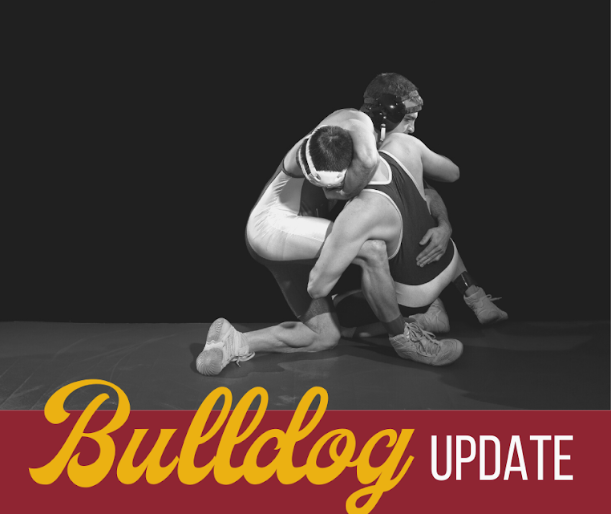 Bulldog wrestling, picture of two wrestlers with a black background.