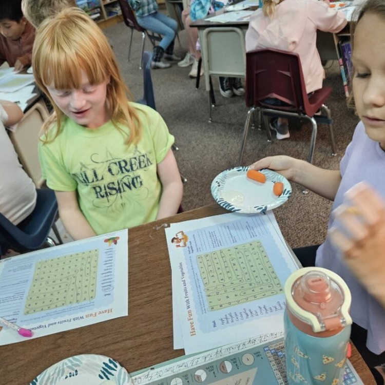 Third graders are participating in a healthy choices program through k-state extension. Today they learned all about fruits and vegetables and sampled some with homemade ranch dip!