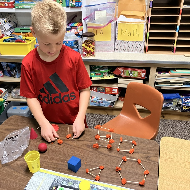 Mrs. Carlin’s class has been working on shapes in math. Today they made 2 dimensional and 3 dimensional shapes using toothpicks and play dough.