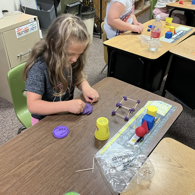 Mrs. Carlin’s class has been working on shapes in math. Today they made 2 dimensional and 3 dimensional shapes using toothpicks and play dough.