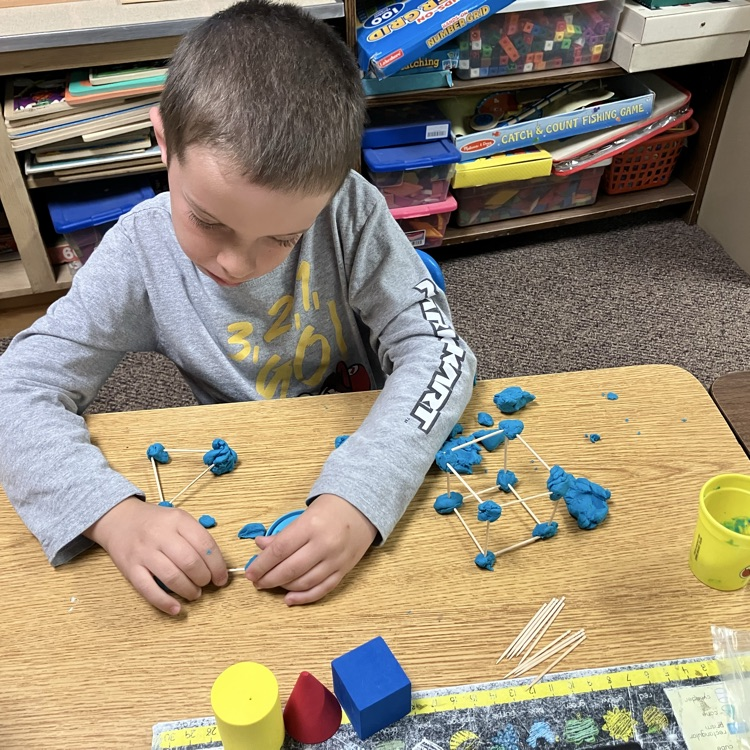 Mrs. Carlin’s class has been working on shapes in math. Today they made 2 dimensional and 3 dimensional shapes using toothpicks and play dough.