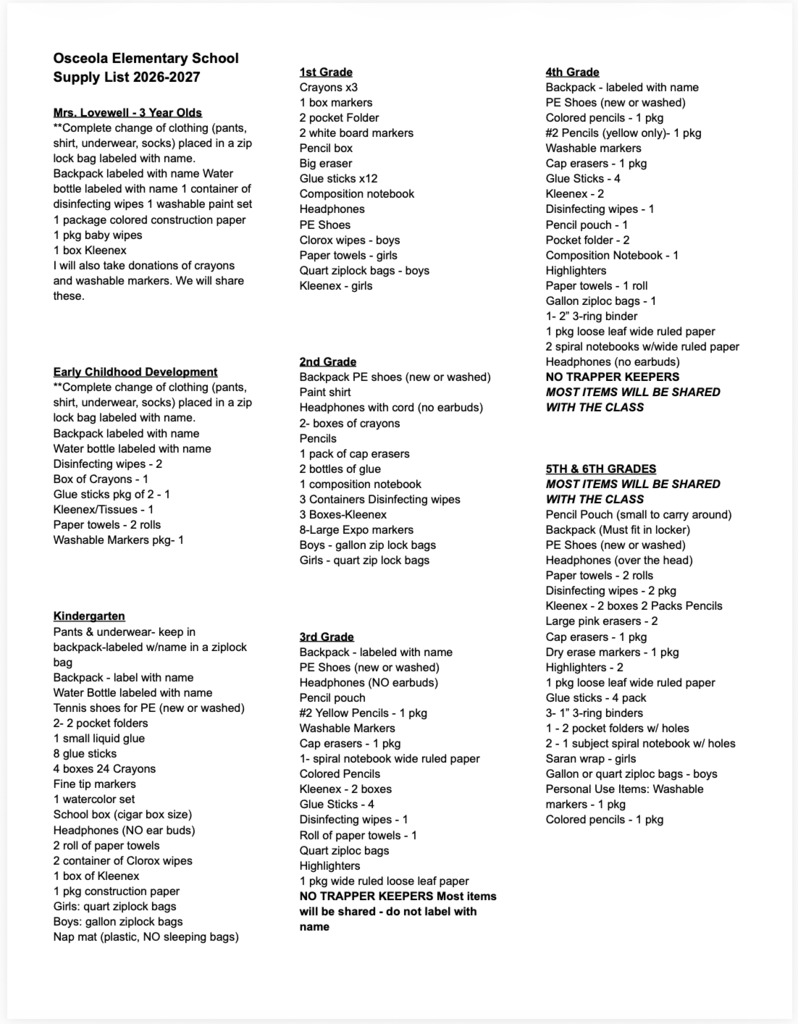 Elementary School Supply List