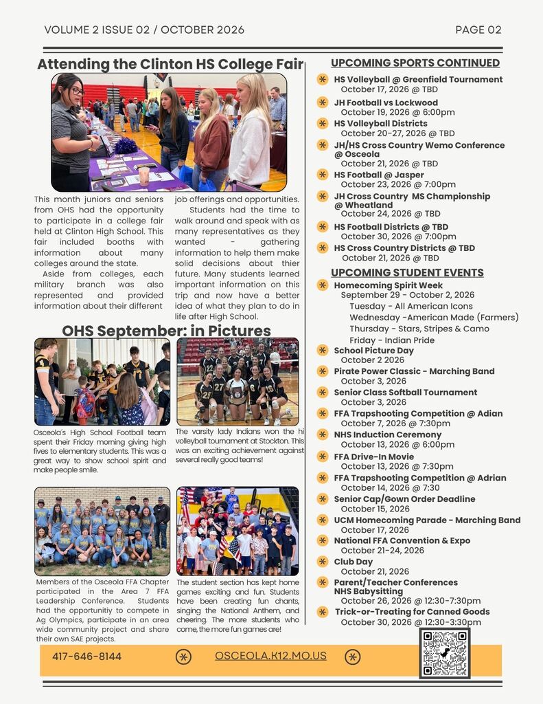 OHS Monthly Newsletter, October 2026 Edition. Upcoming sports schedule, Rodeo Daze Parade highlights, student spotlight, September in pictures, and information on the Clinton HS College Fair