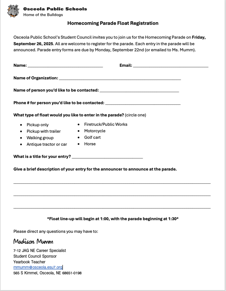 Parade Registration form