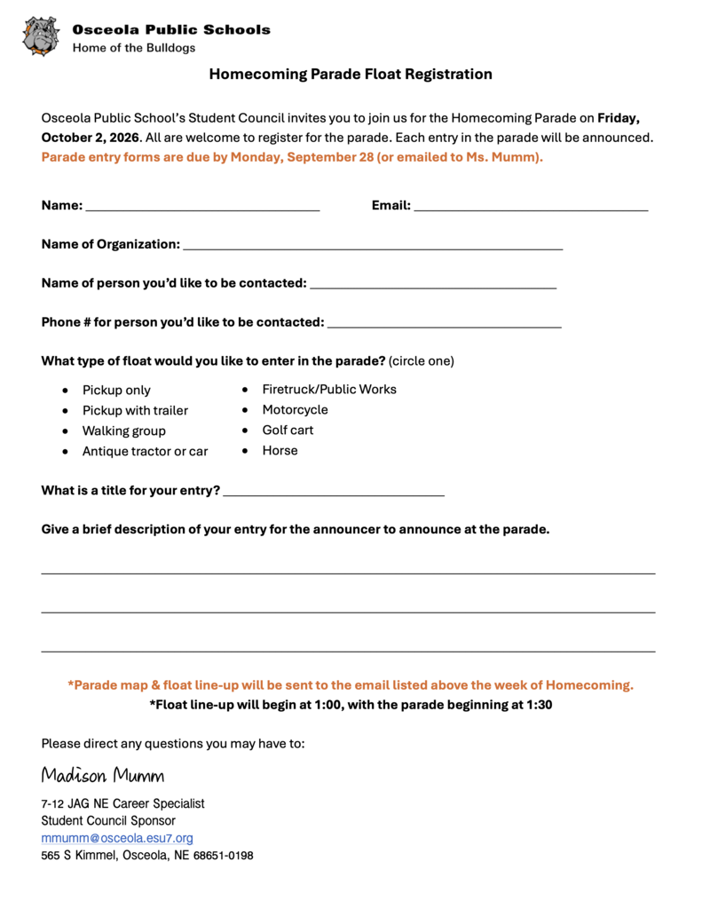 HOCO Parade Registration Form 2026