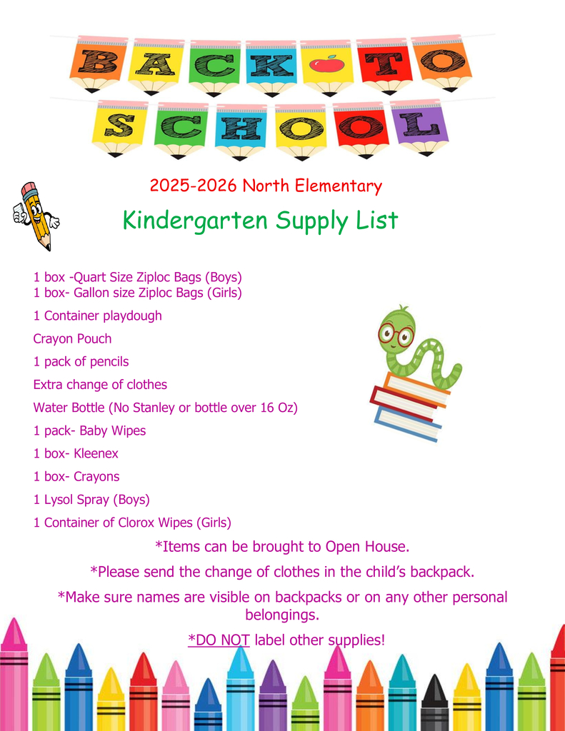 North Kindergarten Supply List