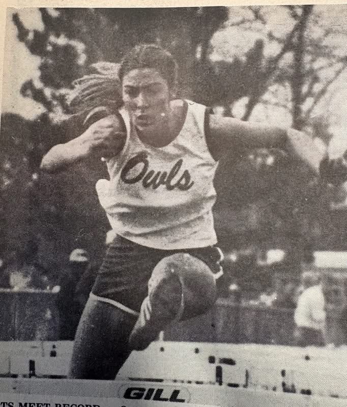 Image of Hall of Fame Inductee, Bette Davis Vichorek competing in a track event during her high school years. 