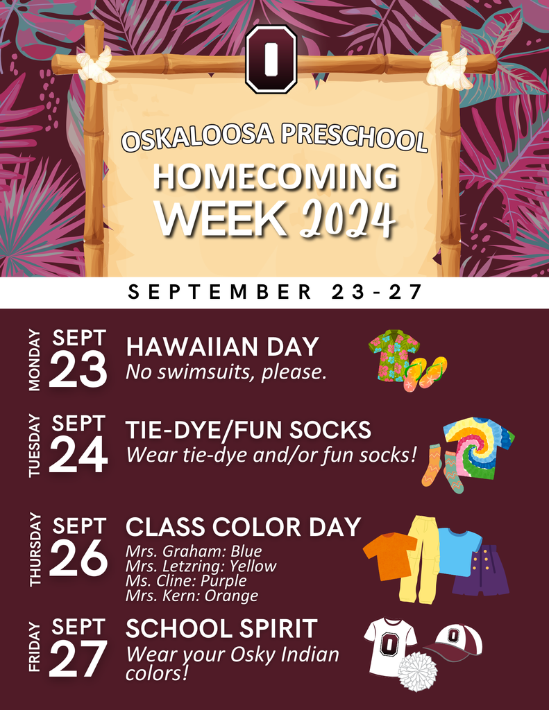 Oskaloosa Preschool Homecoming Week 2024, September 23-27.
