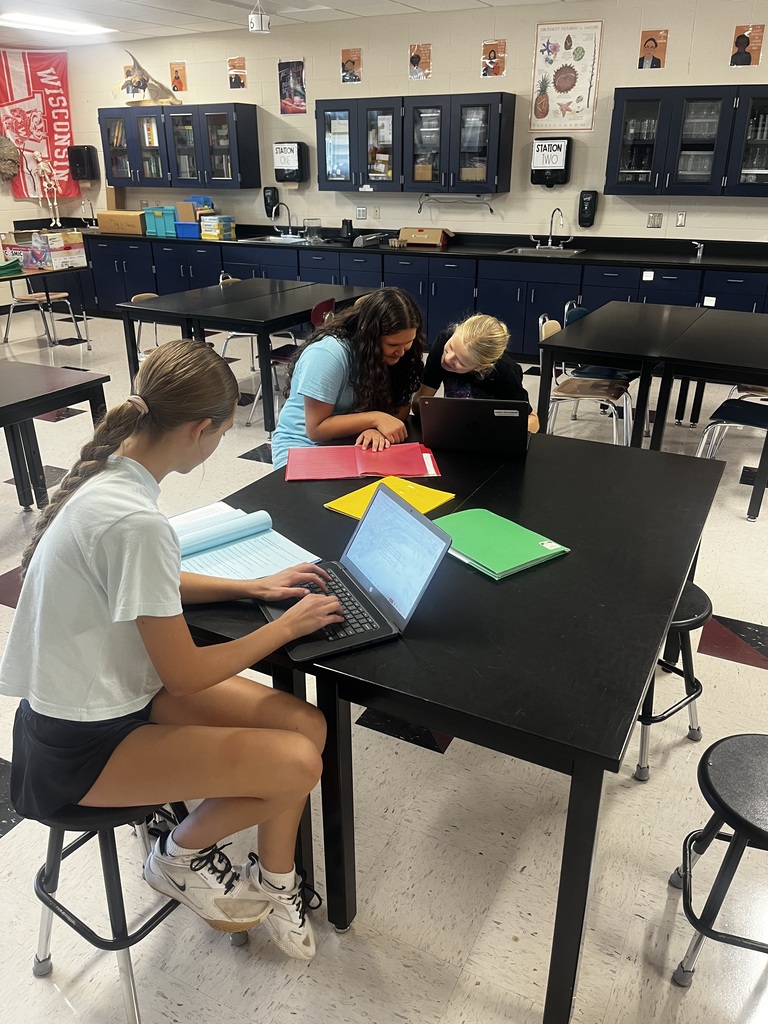 Three 8th grade girls working in classroom