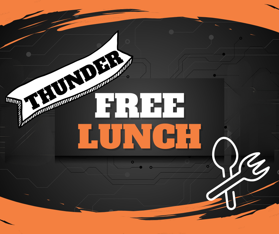 Free Lunch spoon and fork graphic on black and orange background