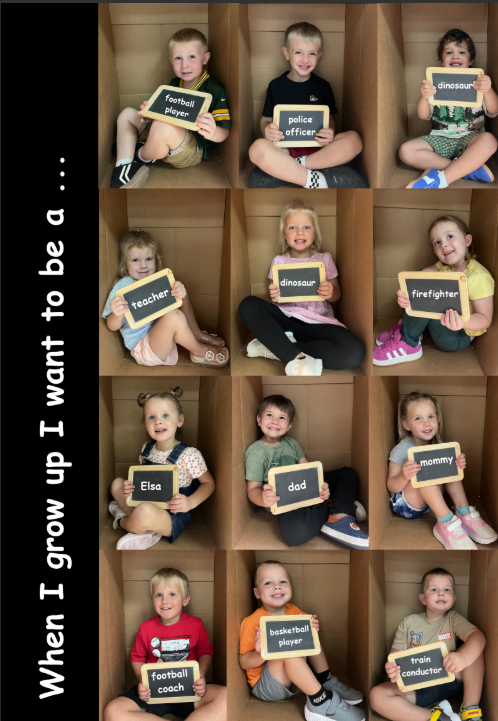 12 3K students each sitting inside a box holding a sign of what they want to be when they grow up. Dinosaur, teacher, mom, dad, firefighter Elsa