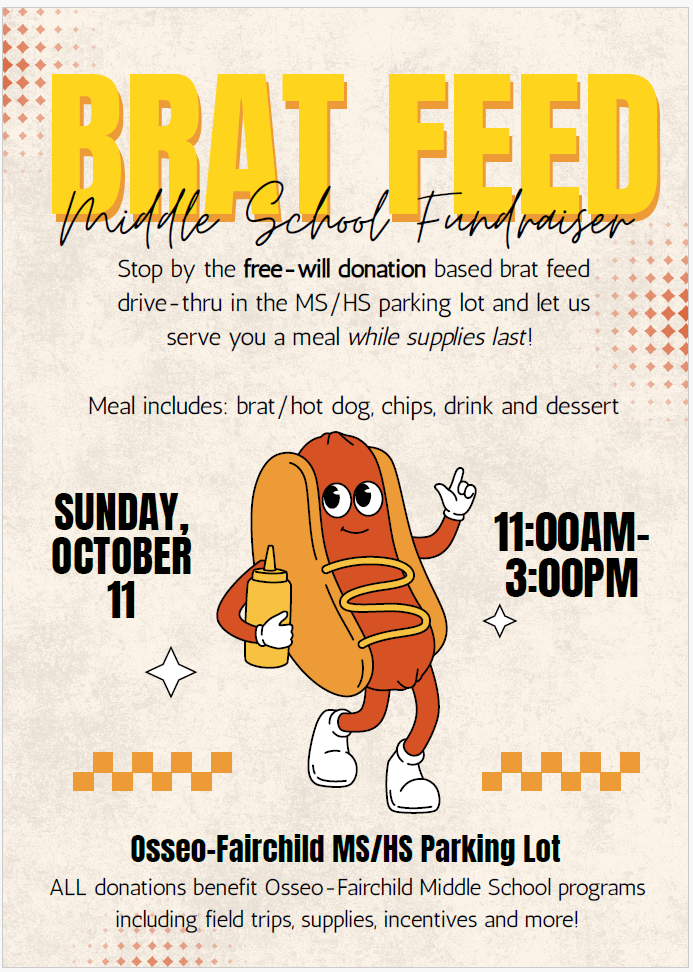 Graphic of HotDog with arms/legs holding mustard bottle.   Brat Feed Fundraiser Oct. 11