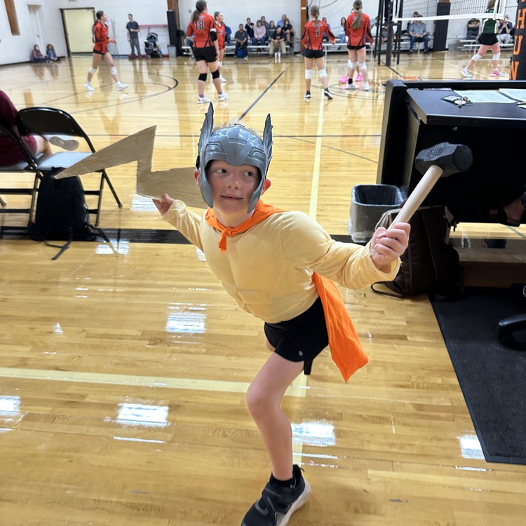 student dressed as Thor.  Volleyball game in background 