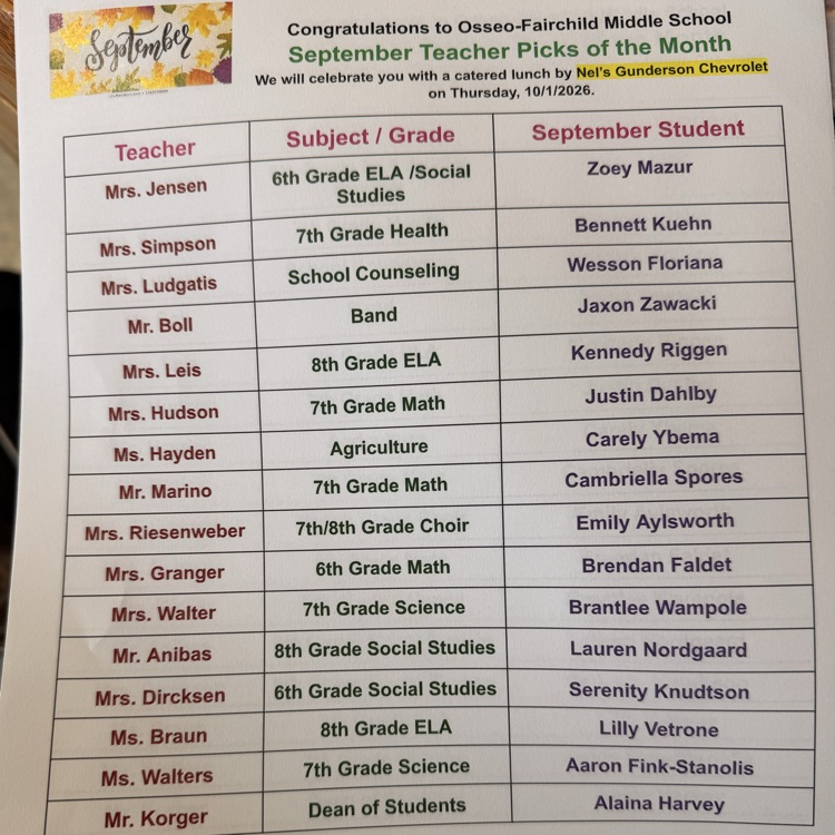 students pick of the month