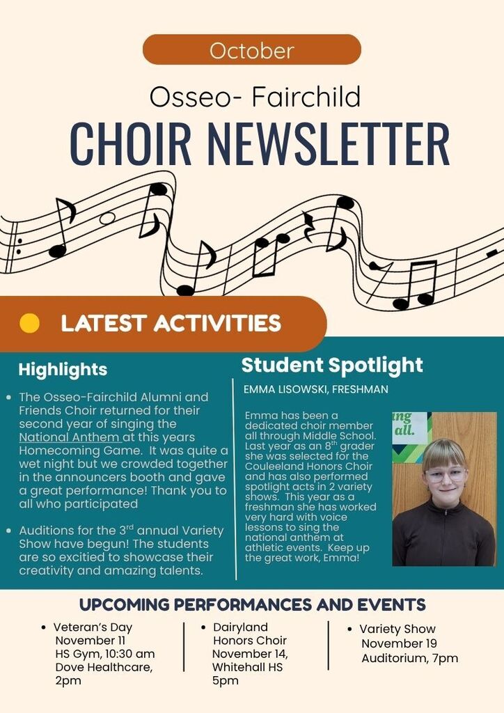 Osseo Fairchild Choir Newsletter  Student Spotlight Emma Lisowski