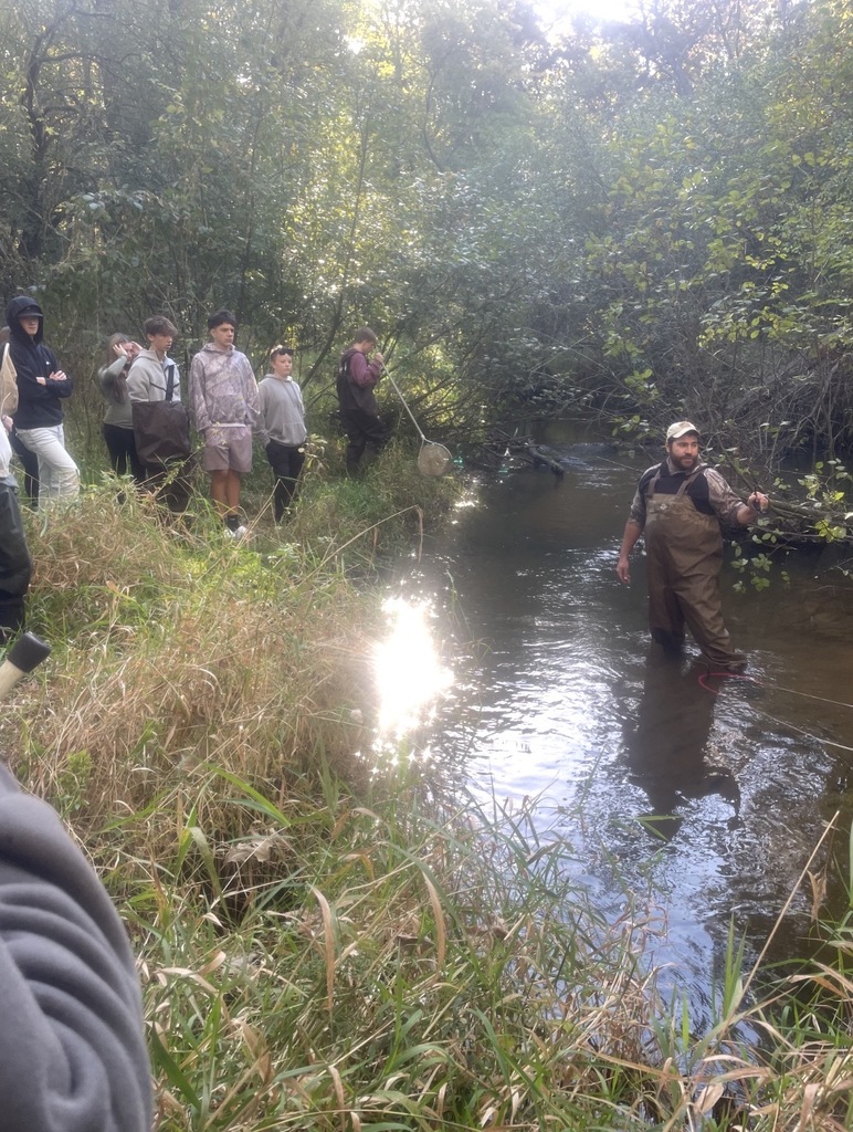 Students watching man in stream