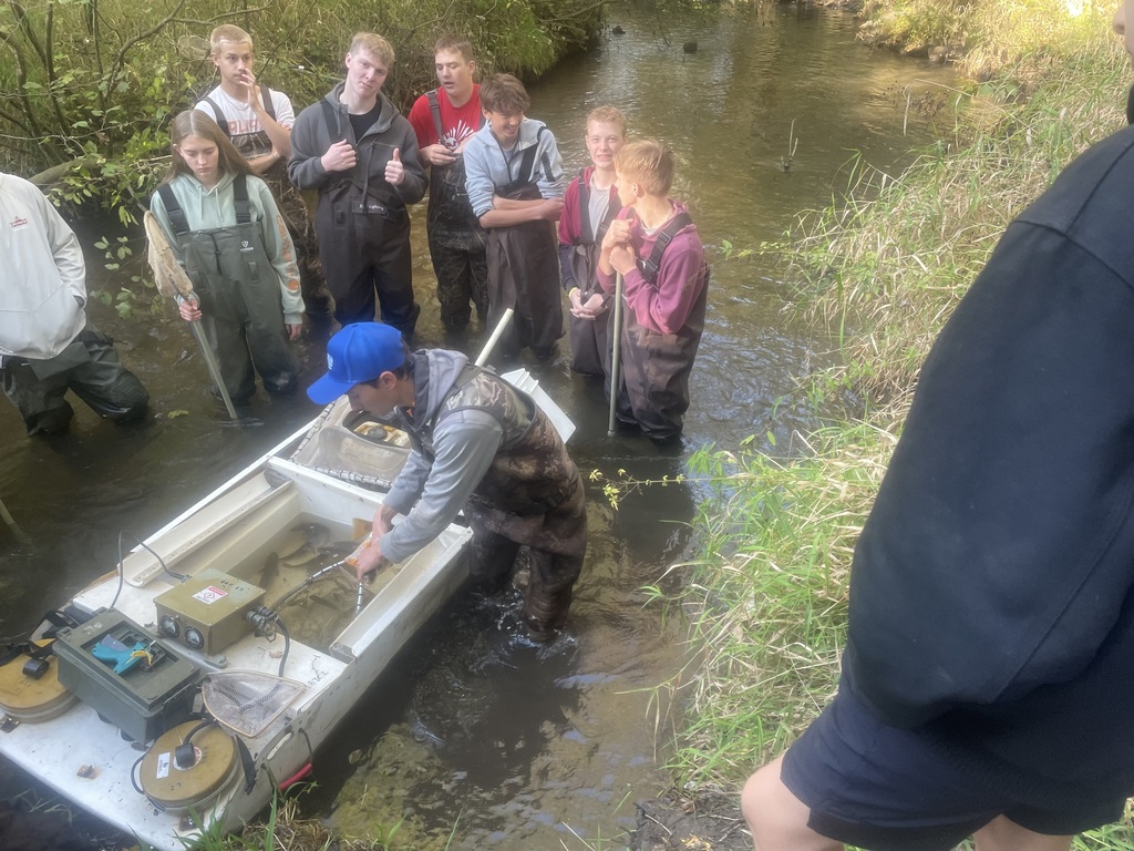 Students wearing waders standing in stream watching man with shock equipment and nets