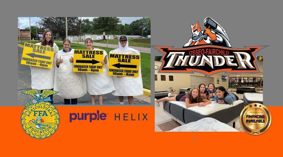 Students holding signs for Mattress Sale Fundraiser  and picture of four students laying on a mattress