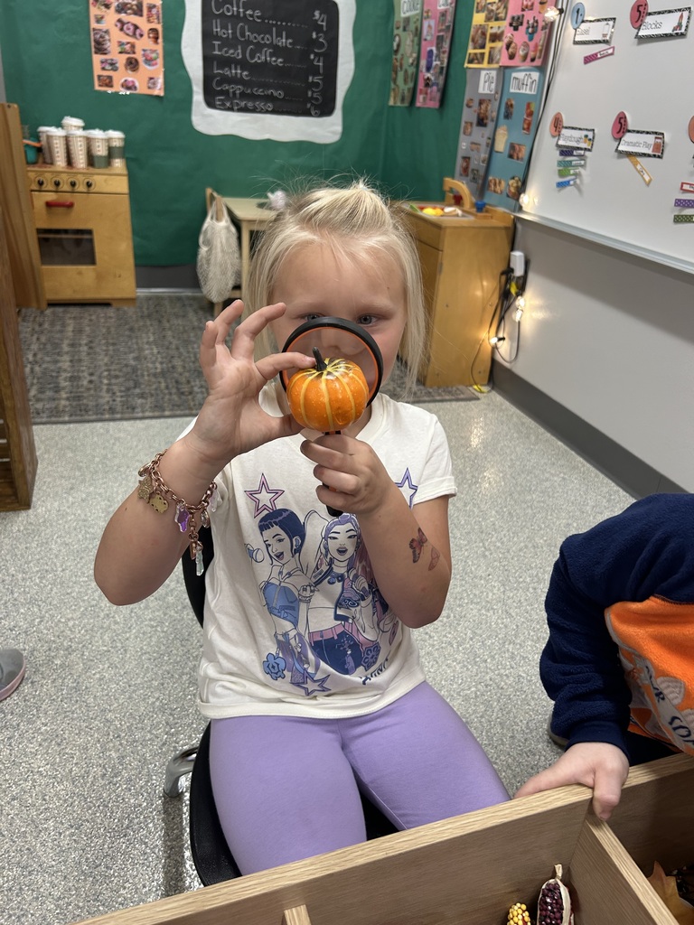 Image Description for accessibility: Girl looking through magnifying class at a mini pumpkin