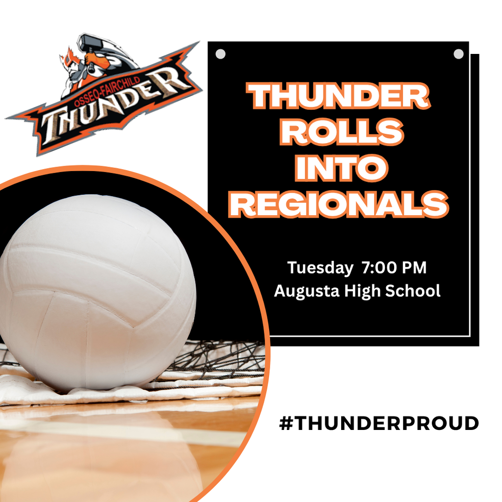 Image description for accessibility: Volleyball on floor with net, Thunder Logo Thunder Rolls into Regionals Tuesday 7:00