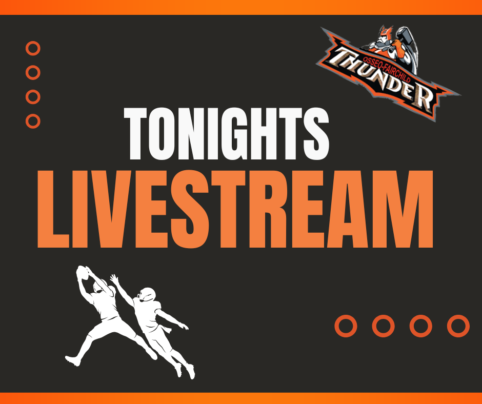 Image description for accessibility:  Tonights Livestream  Thunder Logo and football player graphic