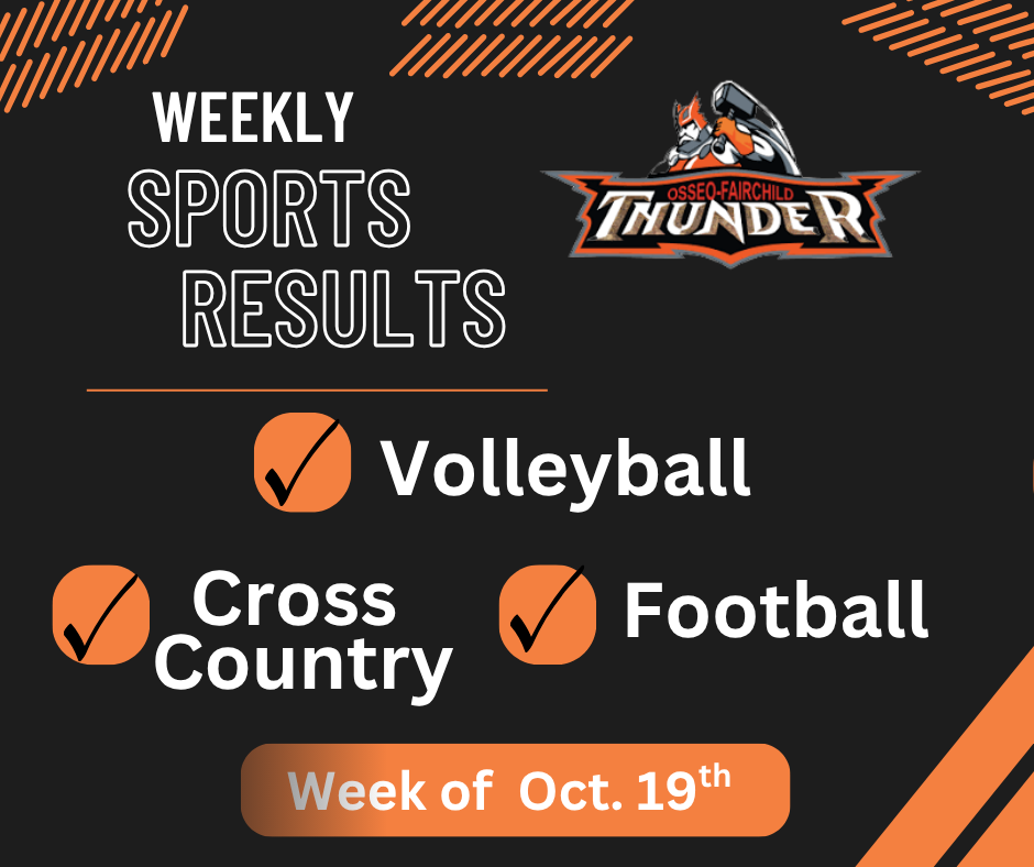 Image Description for accessibility:  Weekly Sports results Volleyball  Cross Country and Football   Thunder Logo