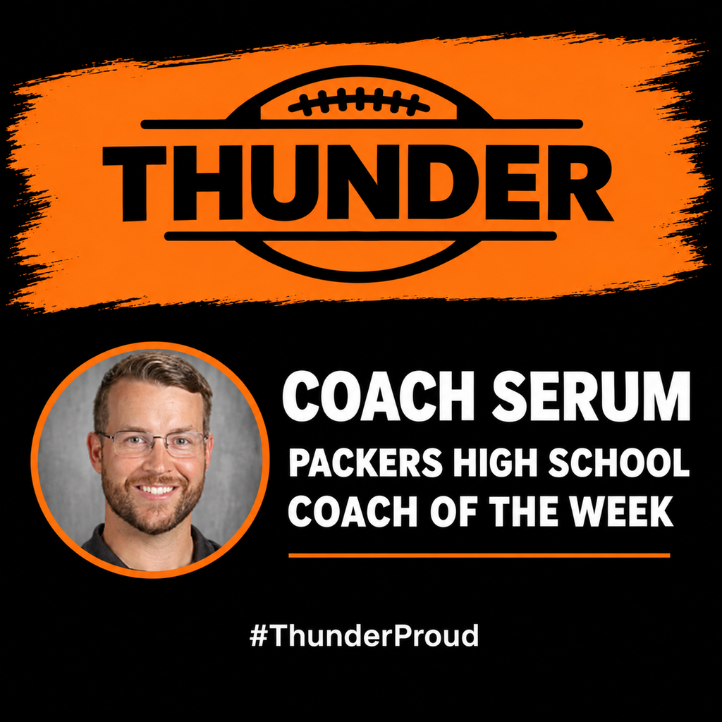 Image Description for Accessibility:  Thunder Football Coach Serum Packers High School Coach of the Week
