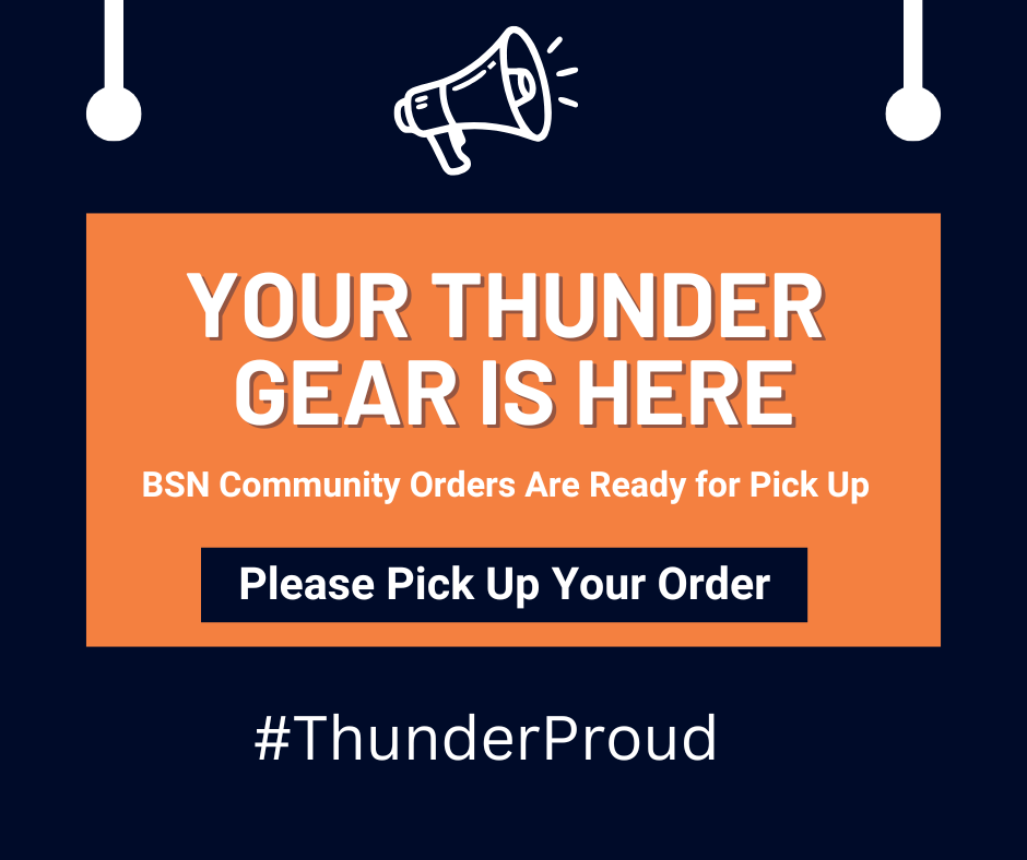 Image Description for Accessibility: Your Thunder Gear Is Here Megaphone graphic on black and orange background