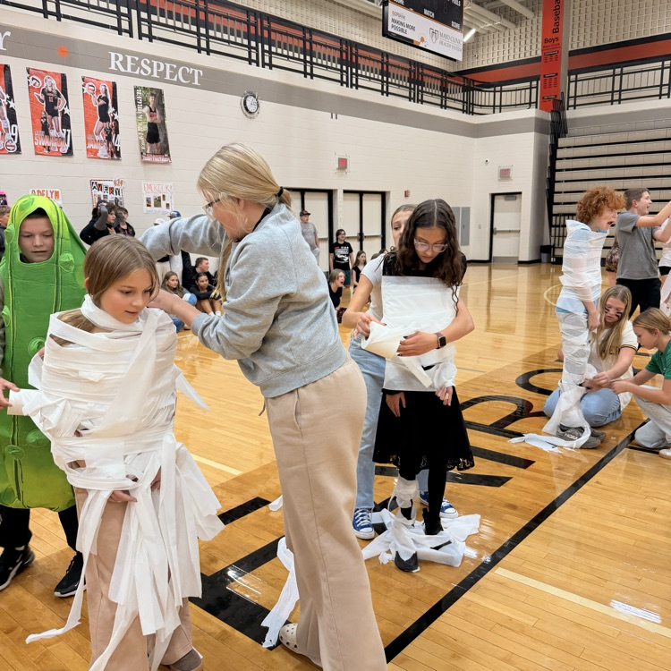Image description for accessibility students wrapping other students in toilet paper