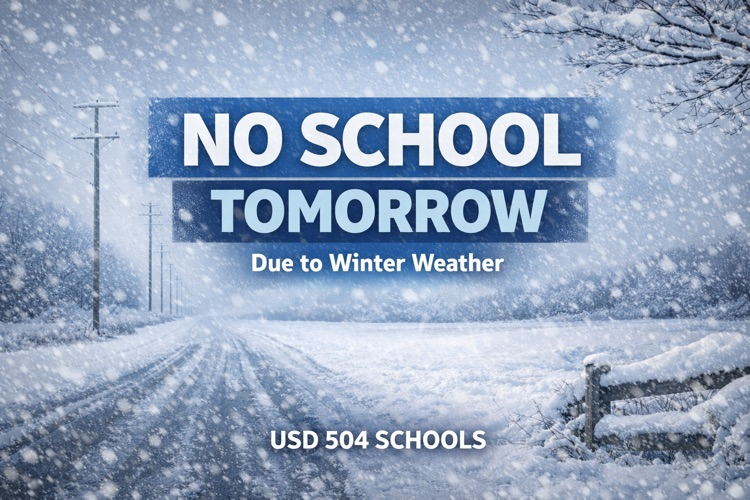 winter scene. no school tomorrow due to winter weather. USD 504 schools.