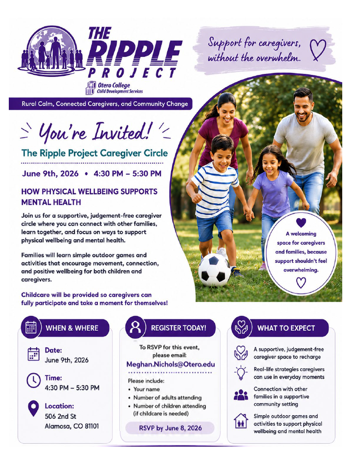 The Ripple Project "You're Invited" flyer for Alamosa June 2026