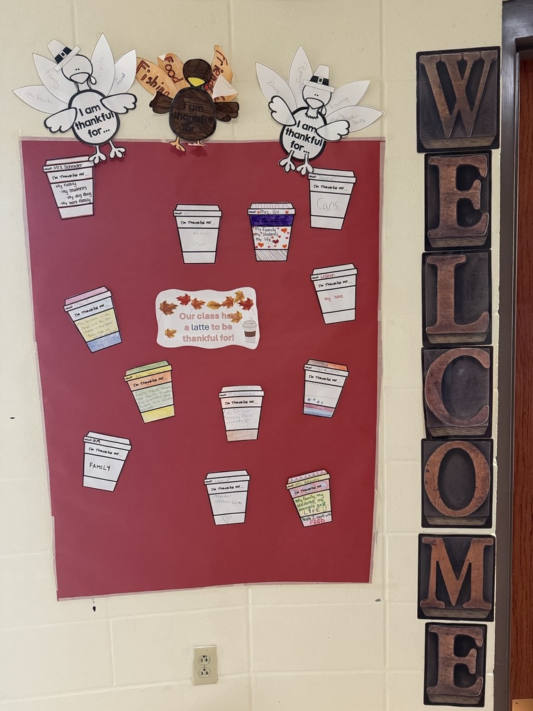 Bulletin board with turkeys and cut out coffee cups for students to write what they're thankful for on them