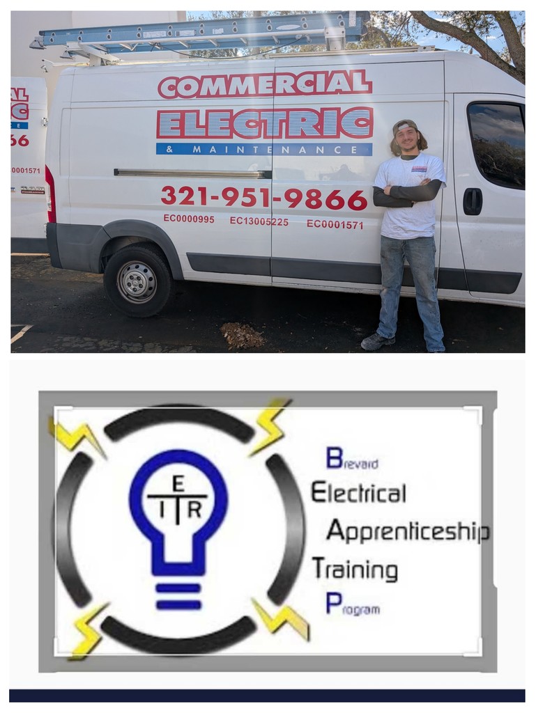 Former Mechatronics student standing next to a van called Commercial Electric and Maintenance. 321-951-9866 and a logo that says Brevard Electrical Apprenticeship Training Program