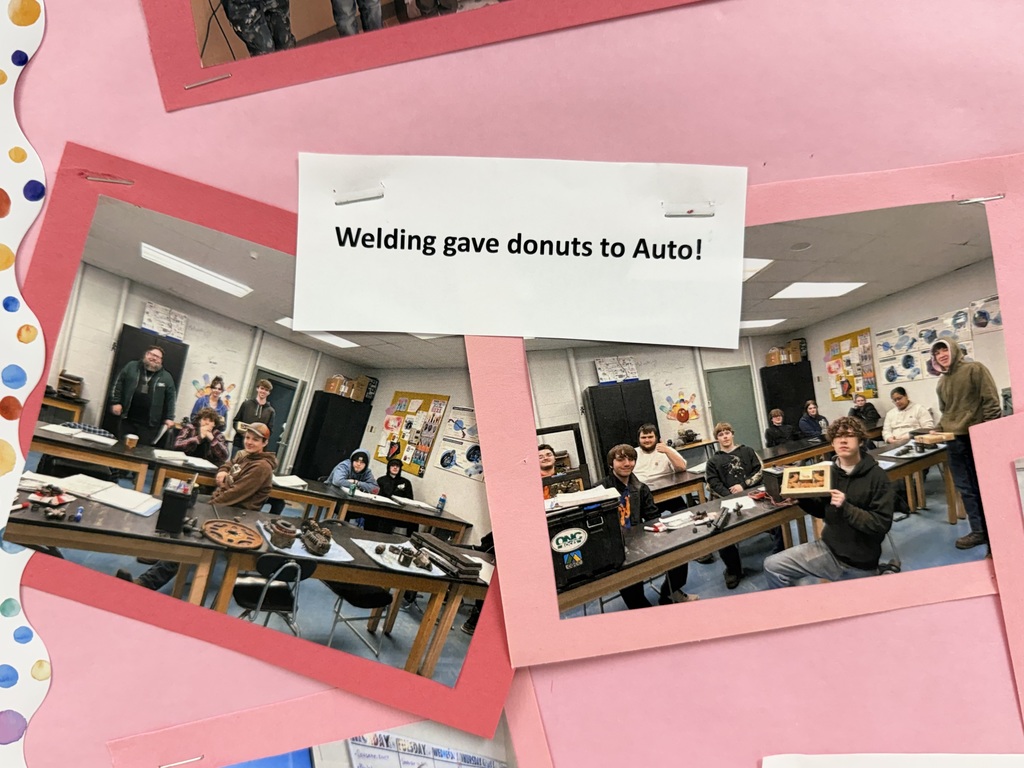 Two pictures on bulletin board of high school students. Caption says Welding gave donuts to Auto!