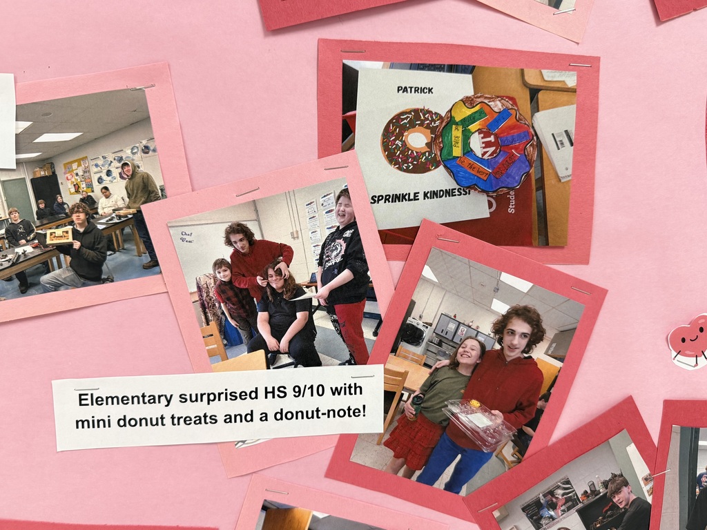 Pictures on bulleting boards of elementary students and high school students. Caption says elementary surprised HS 9/10 with mini donut treats and donut-note!