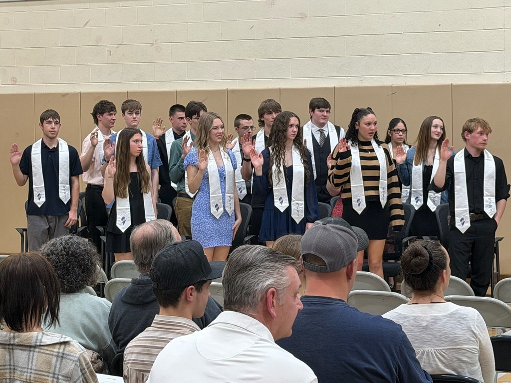 Large group of students with their hands up taking the NTHS oath.