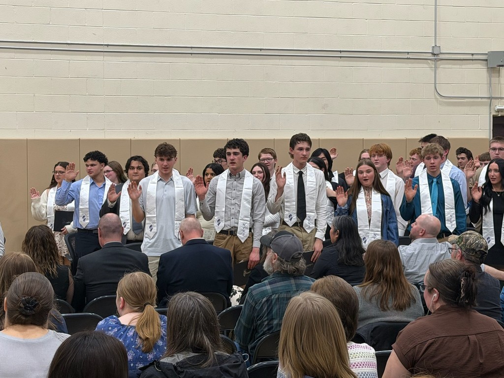 Large group of students with their hands up taking the NTHS oath.