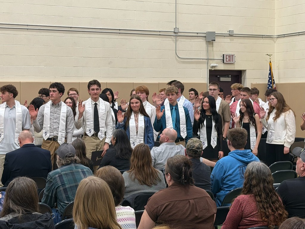 Large group of students with their hands raised taking the NTHS oath.