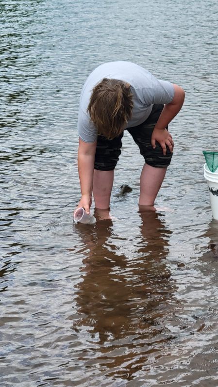 Student in the river with a plastic cup with baby trout releasing them into the river