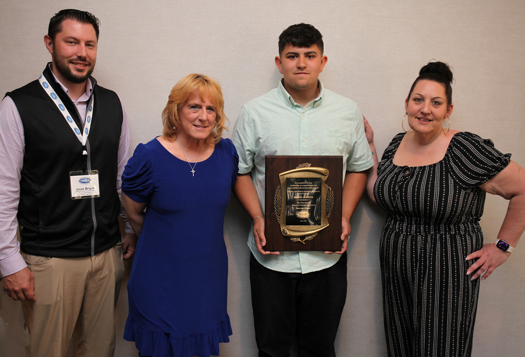 NCOC building principal, Jesse Bright, NCOC school counselor, Kris Ferrell, student holding a plaque, student's mother