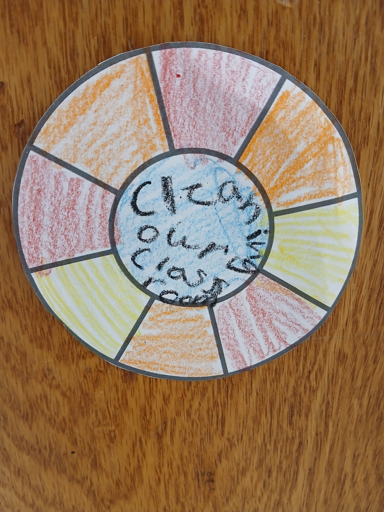 A colored cut-out circle that says cleaning our classroom