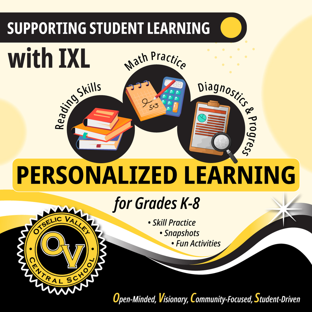 Graphic promoting personalized learning with IXL for grades K–8, highlighting reading skills, math practice, and diagnostics and progress.