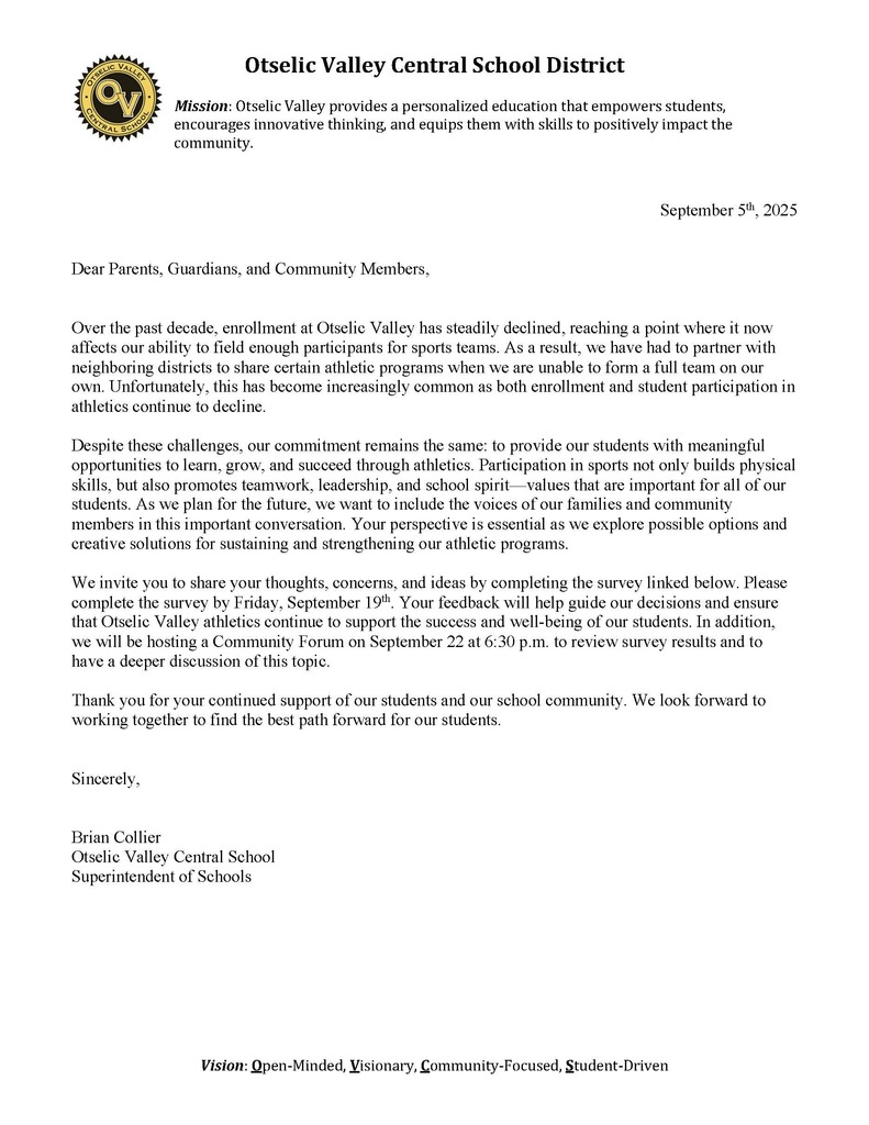 Letter from the Superintendent about the Athletic Survey