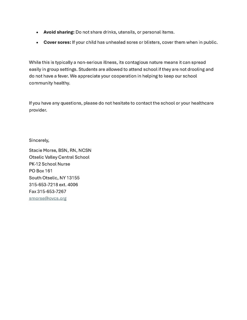 Health notice about Hand, Foot and Mouth Disease at OV