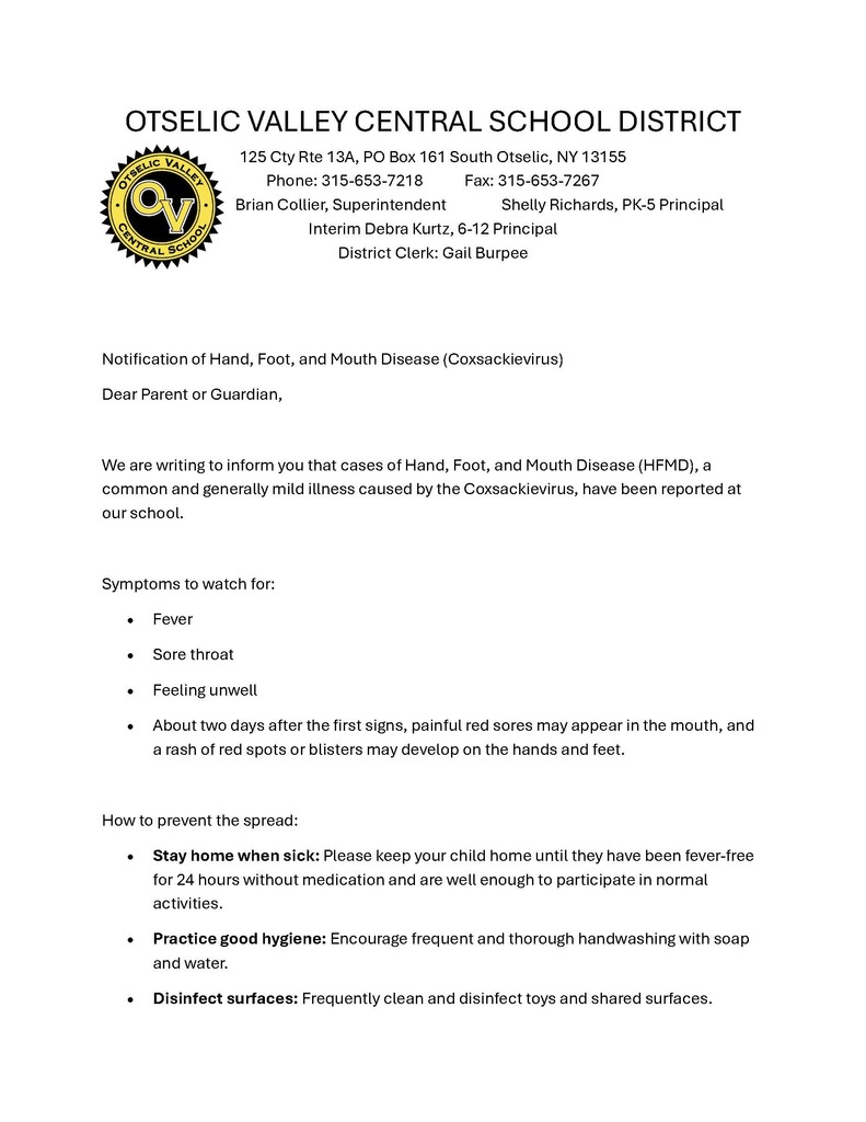 Health notice about Hand, Foot and Mouth Disease at OV